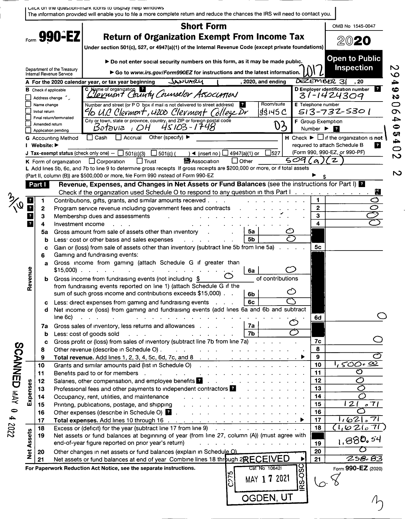 Image of first page of 2020 Form 990EZ for Clermont County Counselors Association