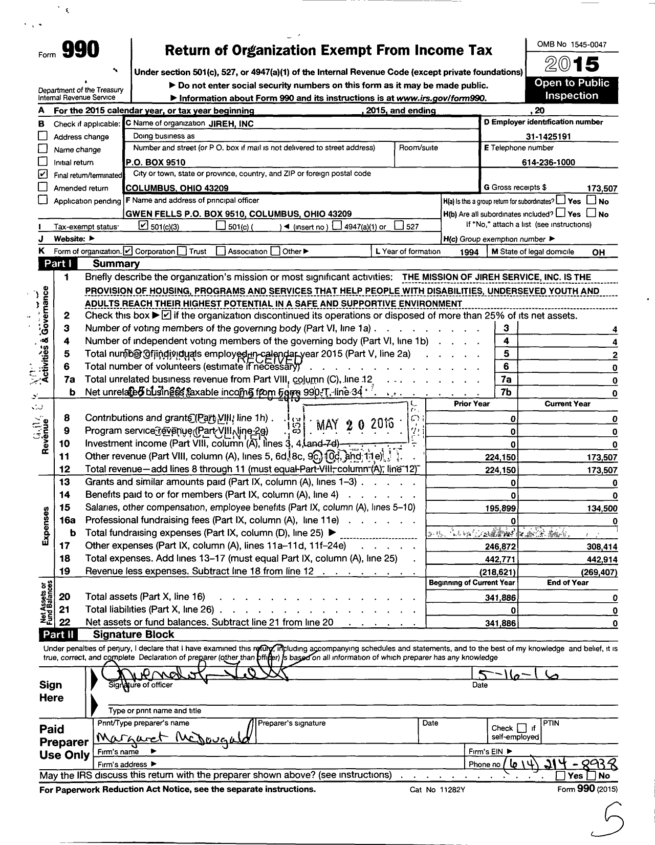 Image of first page of 2015 Form 990 for Jireh Services