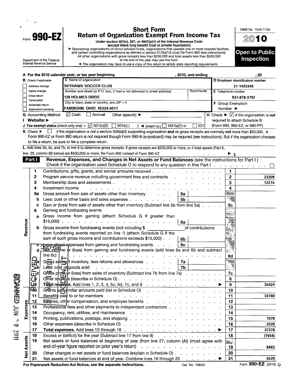 Image of first page of 2010 Form 990EZ for Skyhawk Soccer Club