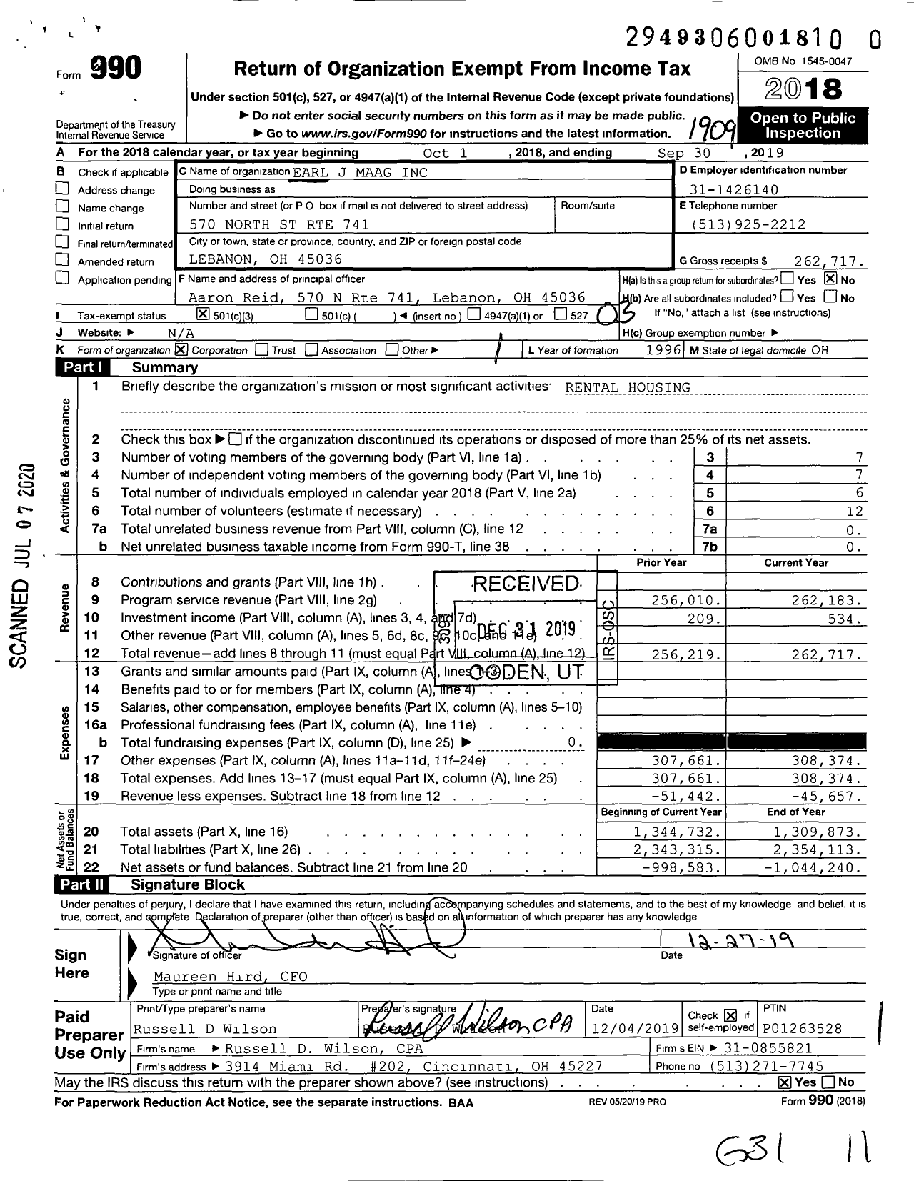 Image of first page of 2018 Form 990 for Earl J Maag