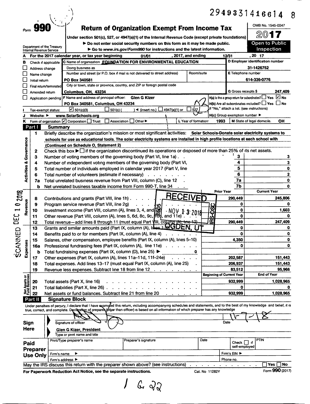 Image of first page of 2017 Form 990 for Foundation for Environmental Education