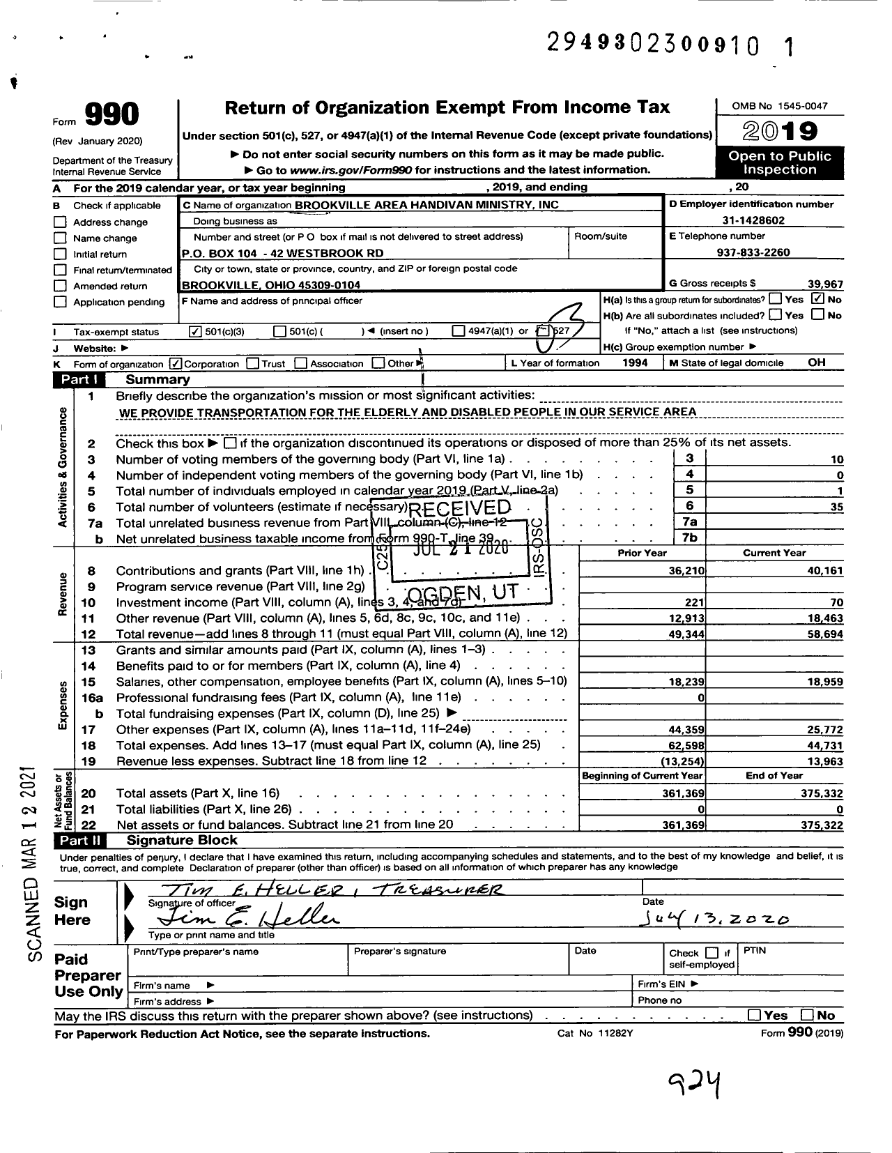 Image of first page of 2019 Form 990 for Brookville Area Handivan Ministry