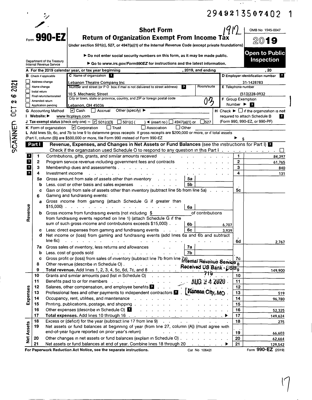 Image of first page of 2019 Form 990EZ for Lebanon Theatre Company