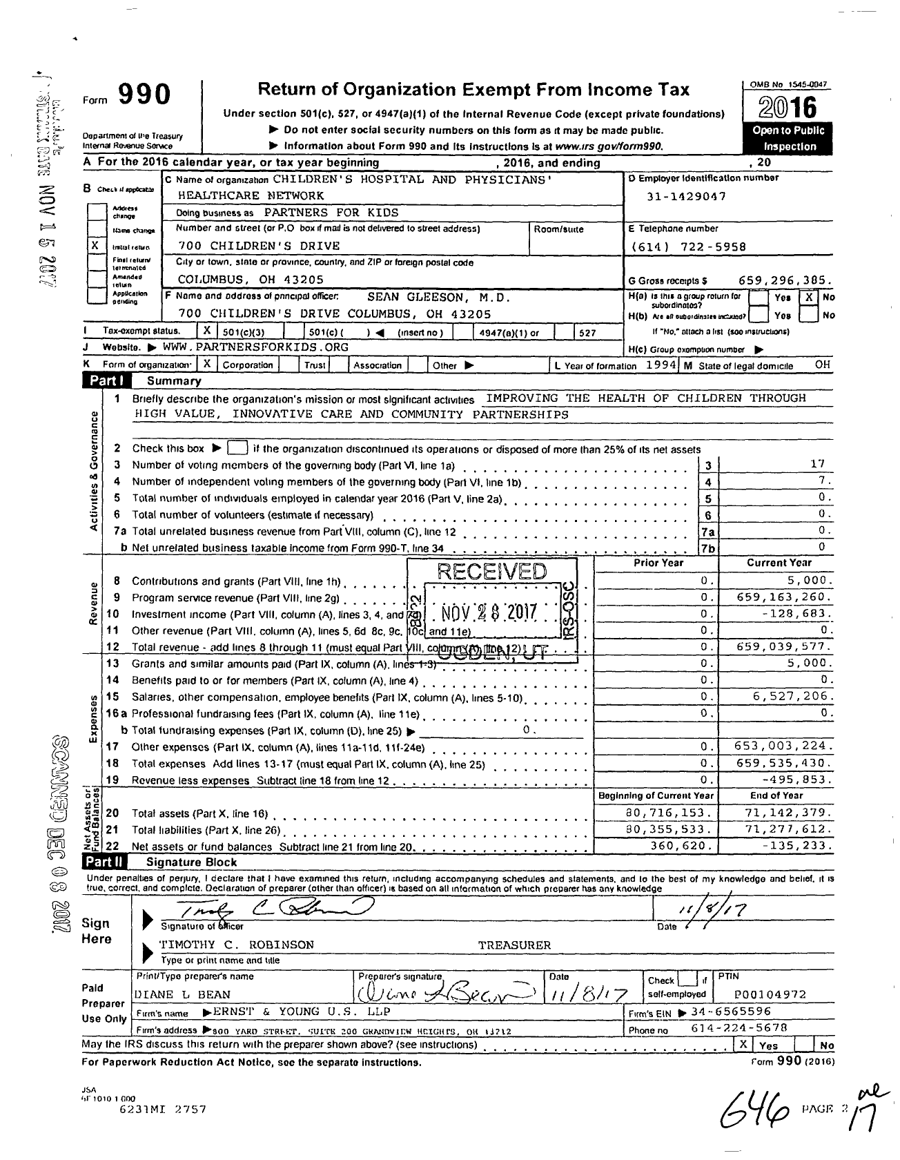 Image of first page of 2016 Form 990 for Partners for Kids