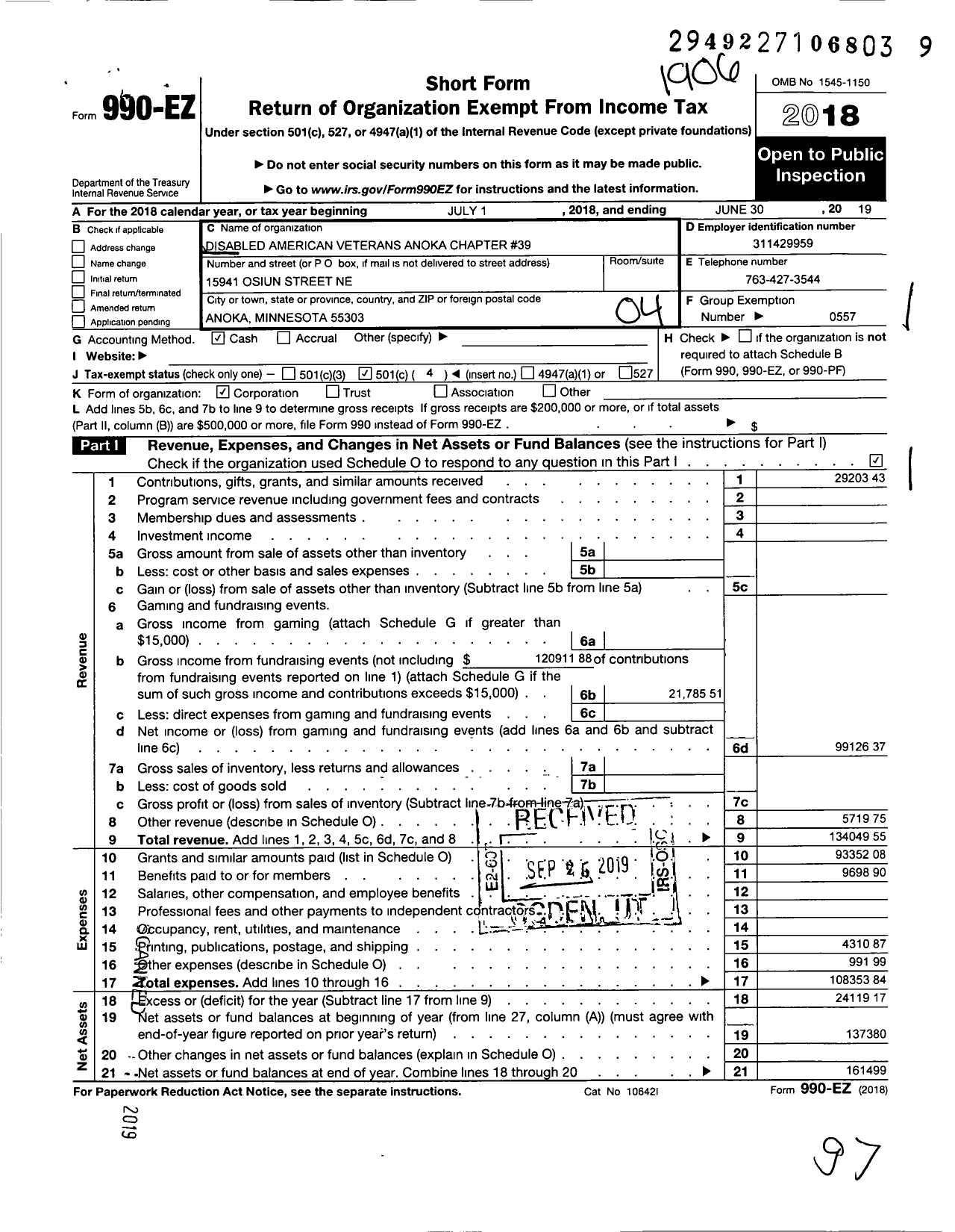 Image of first page of 2018 Form 990EO for Disabled American Veterans - 39 Anoka