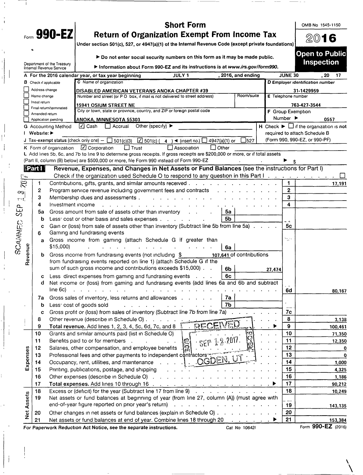 Image of first page of 2016 Form 990EO for Disabled American Veterans - 39 Anoka