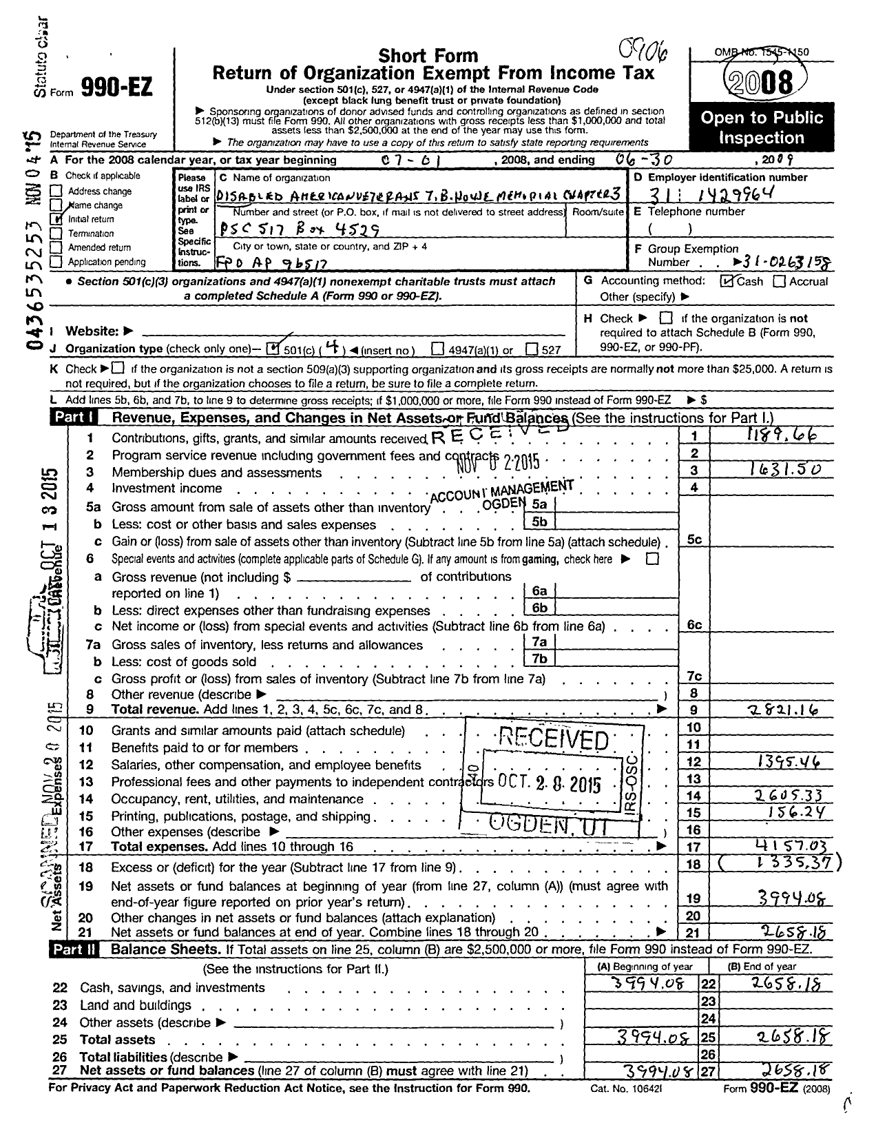 Image of first page of 2008 Form 990EO for Disabled American Veterans - 3 T B House Memorial