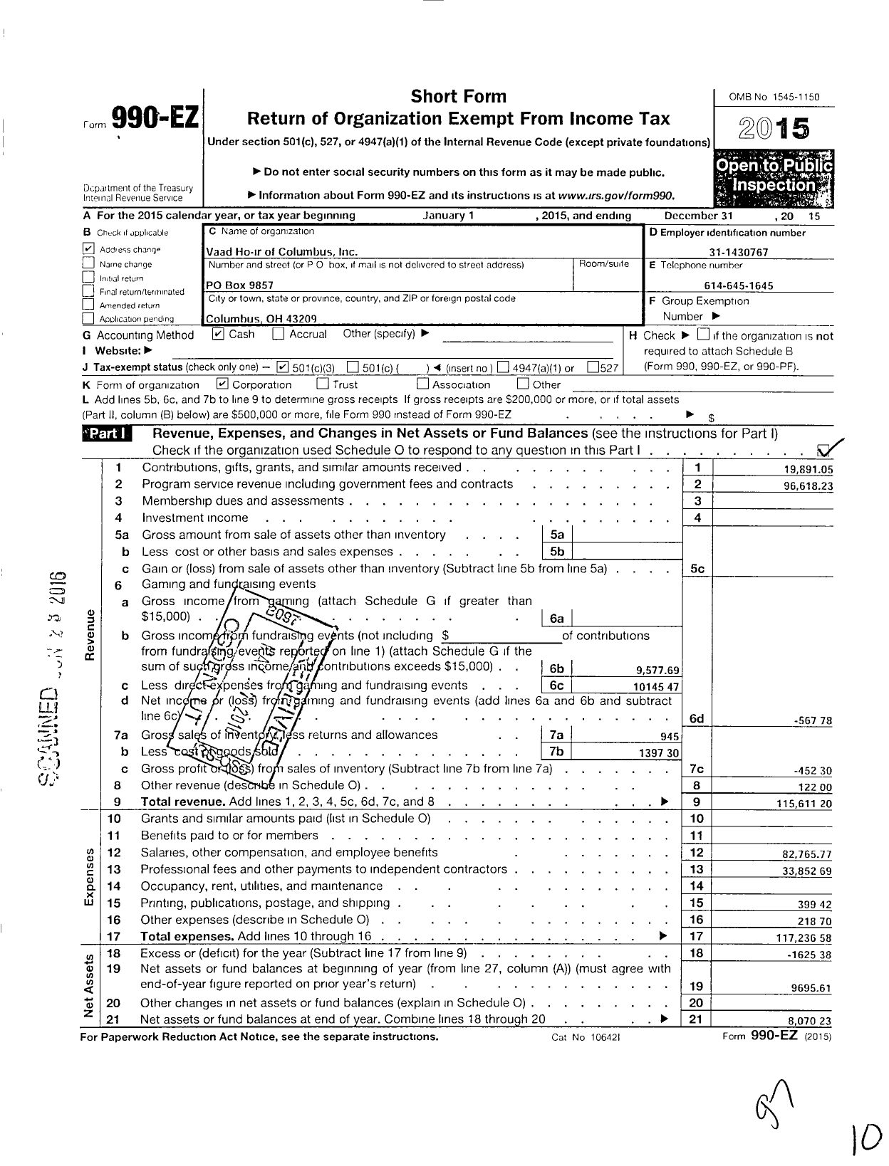 Image of first page of 2015 Form 990EZ for Vaad Hoir of Columbus