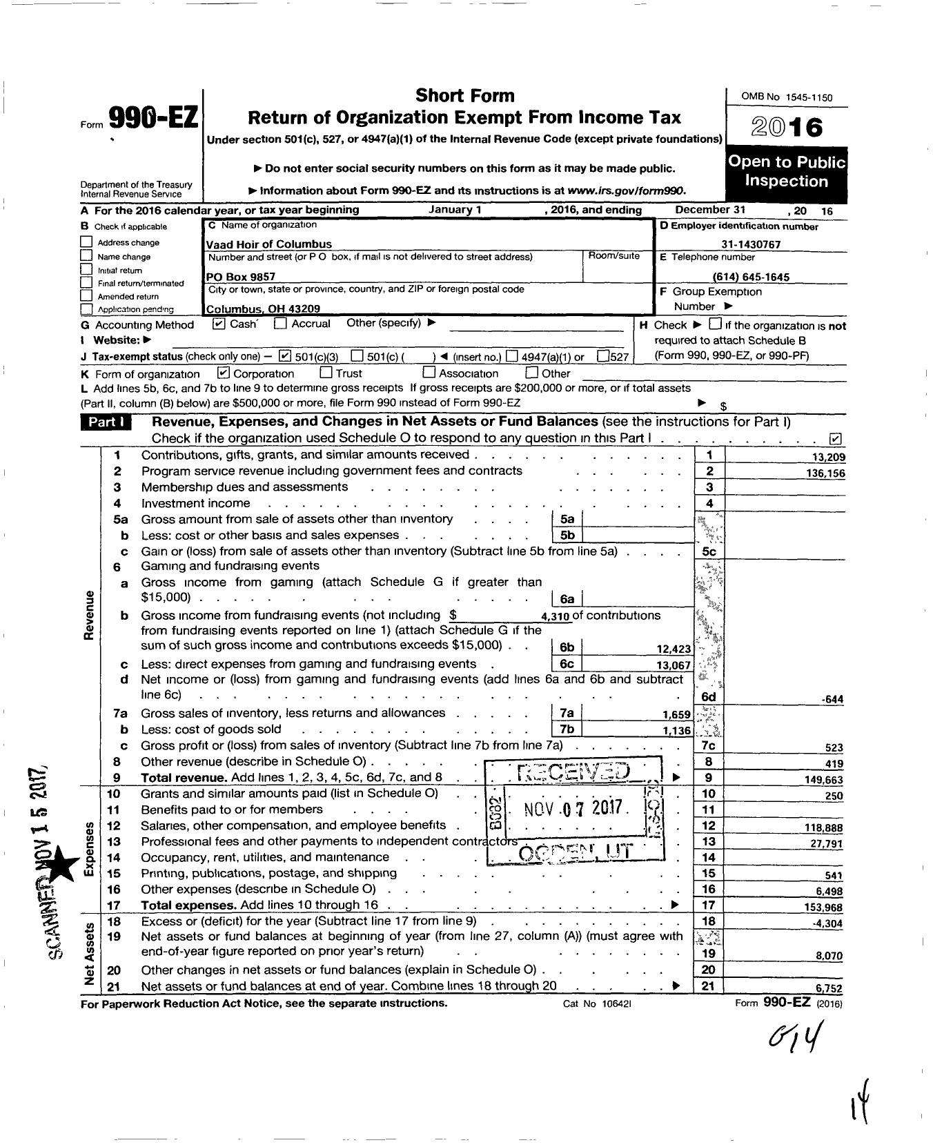 Image of first page of 2016 Form 990EZ for Vaad Hoir of Columbus