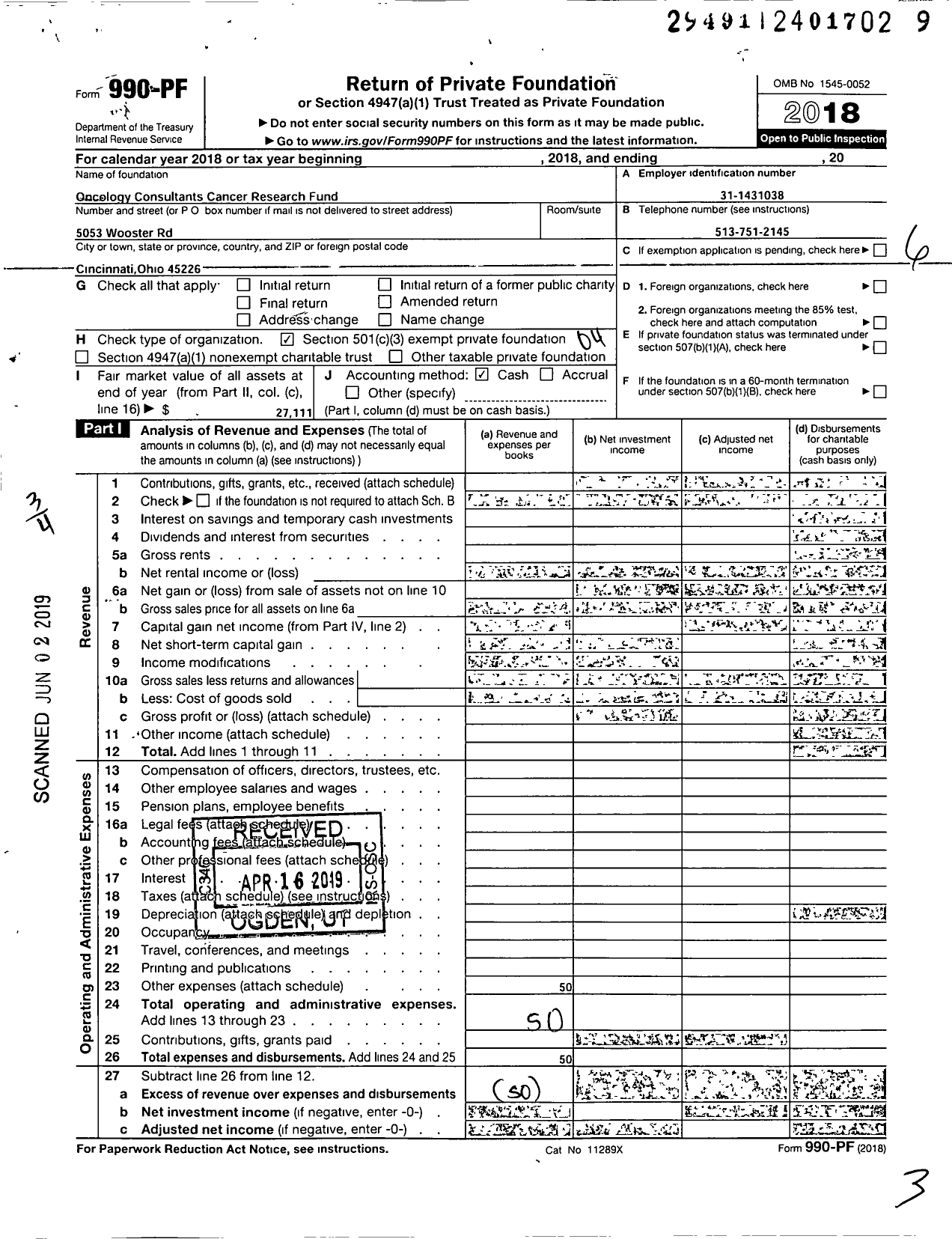 Image of first page of 2018 Form 990PF for Oncology Consultants Cancer Research Fund