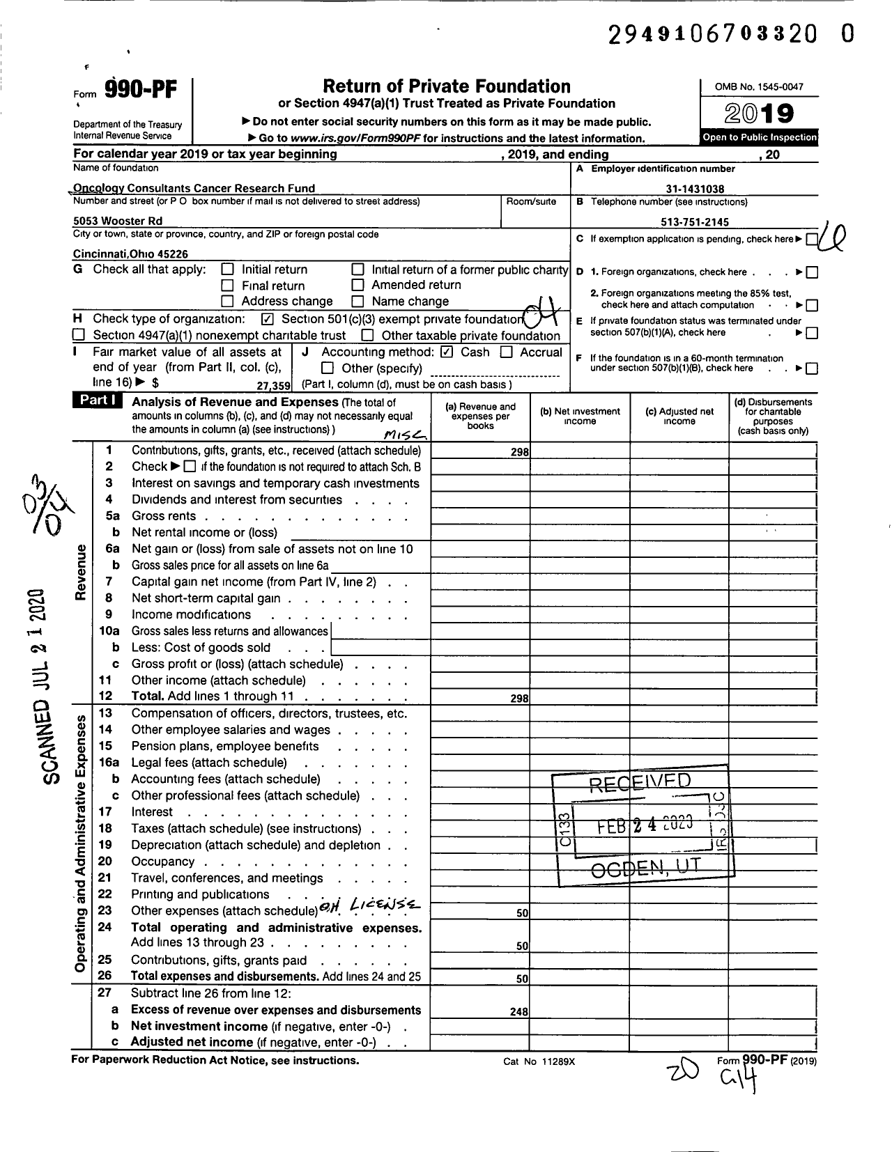 Image of first page of 2019 Form 990PR for Oncology Consultants Cancer Research Fund