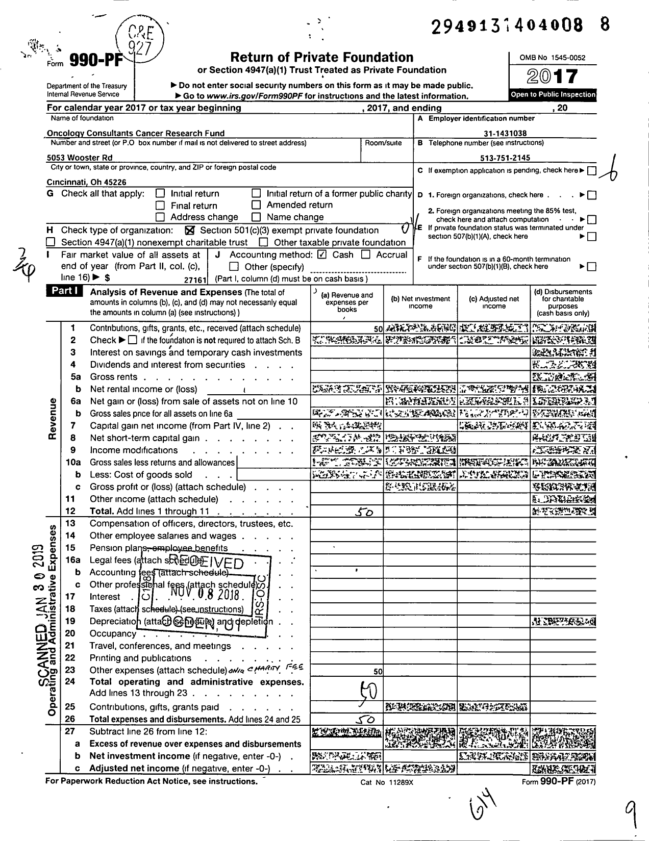 Image of first page of 2017 Form 990PF for Oncology Consultants Cancer Research Fund