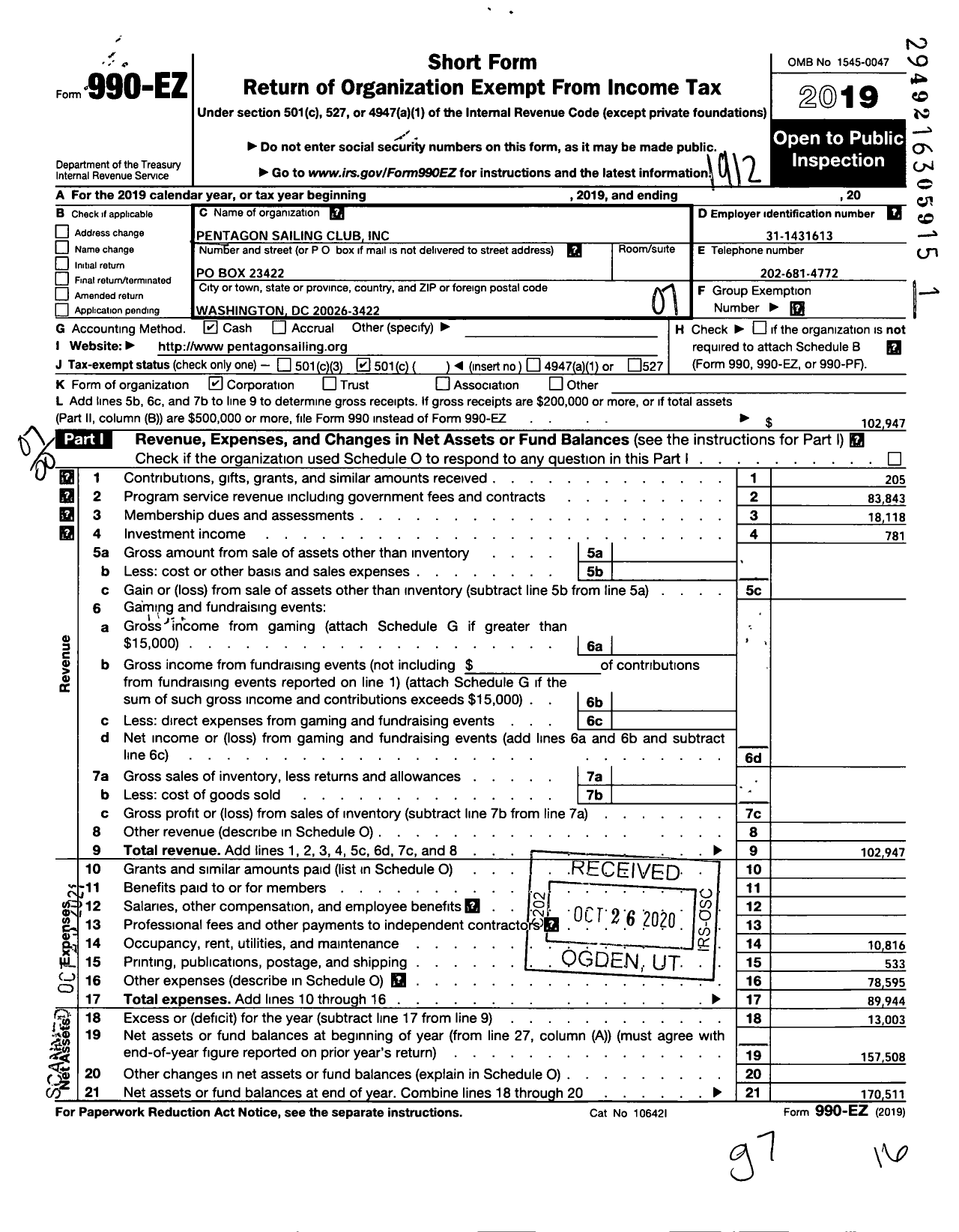 Image of first page of 2019 Form 990EO for Pentagon Sailing Club