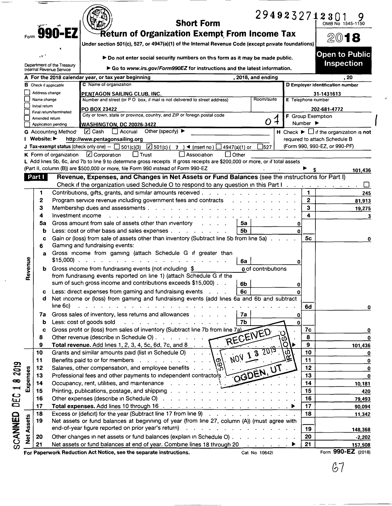 Image of first page of 2018 Form 990EO for Pentagon Sailing Club