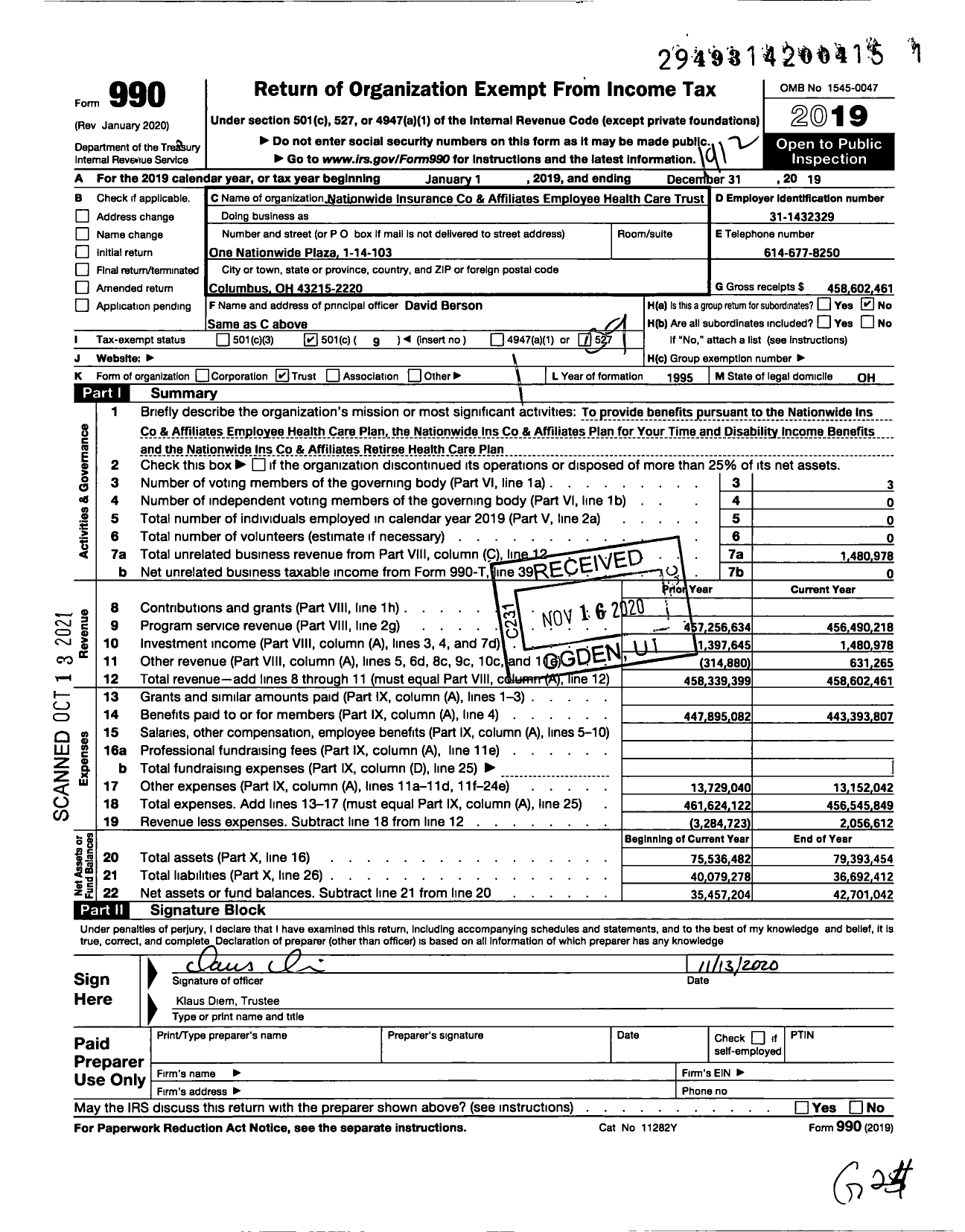 Image of first page of 2019 Form 990O for Nationwide Ins Co & Aff EE HealthCare Trust