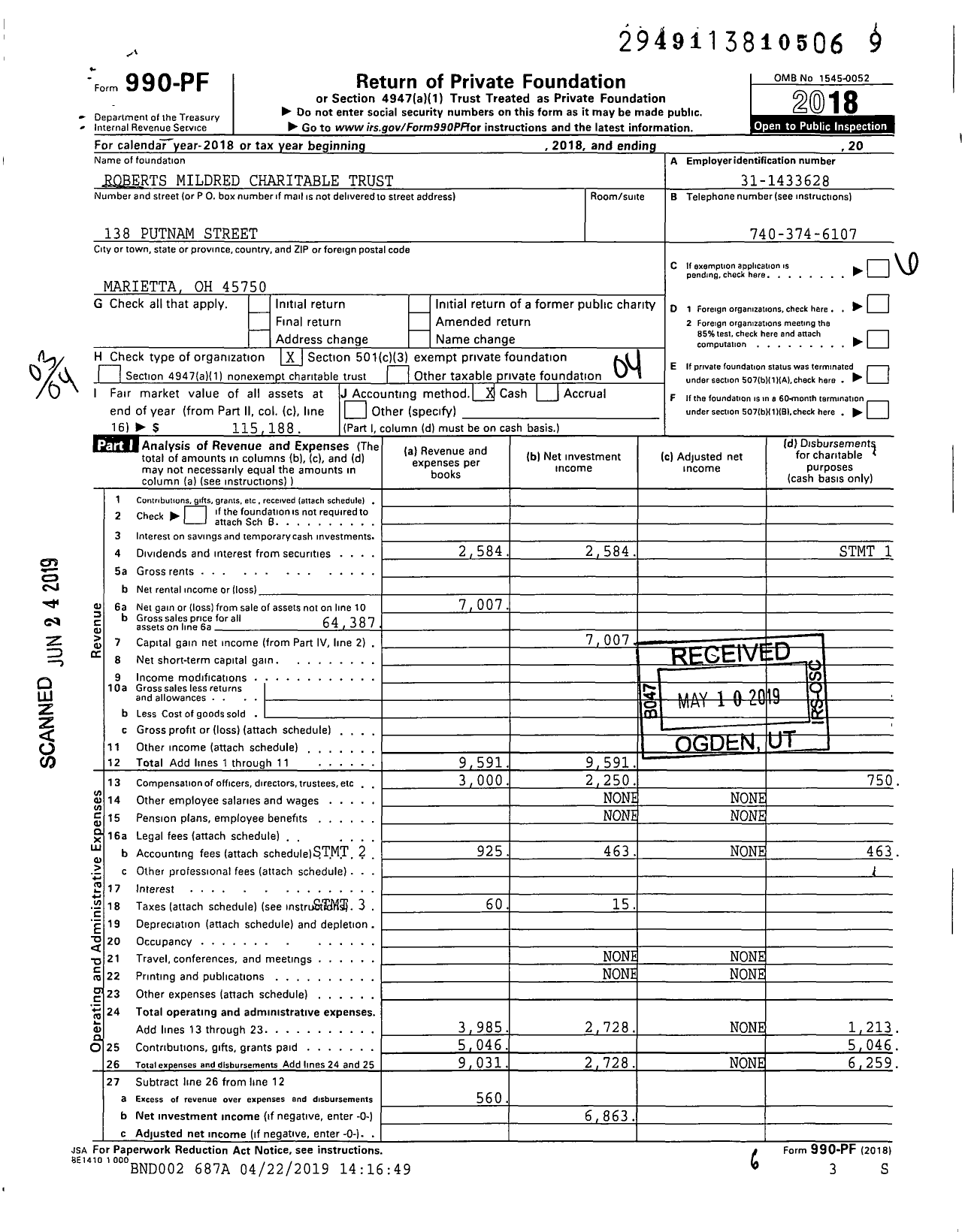 Image of first page of 2018 Form 990PF for Roberts Mildred Charitable Trust