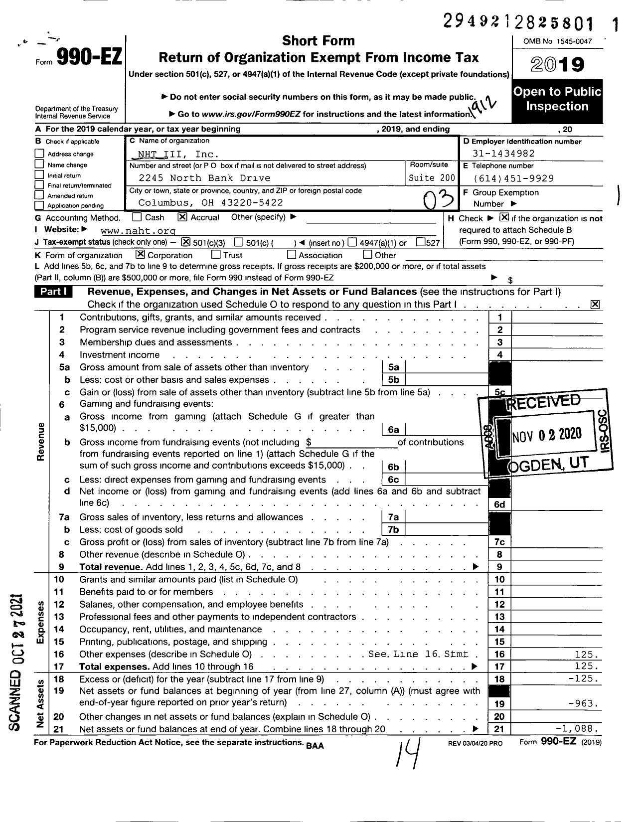 Image of first page of 2019 Form 990EZ for NHT Iii