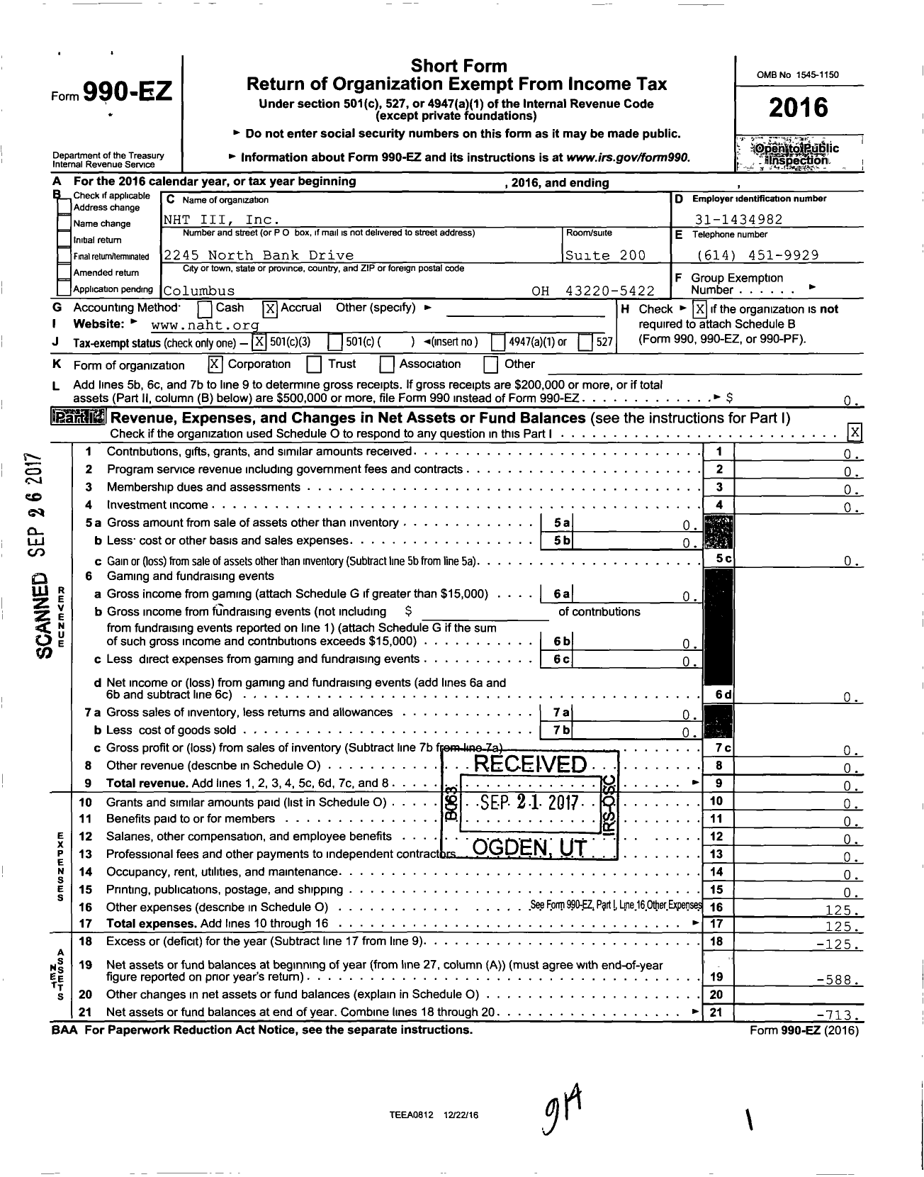 Image of first page of 2016 Form 990EZ for NHT Iii