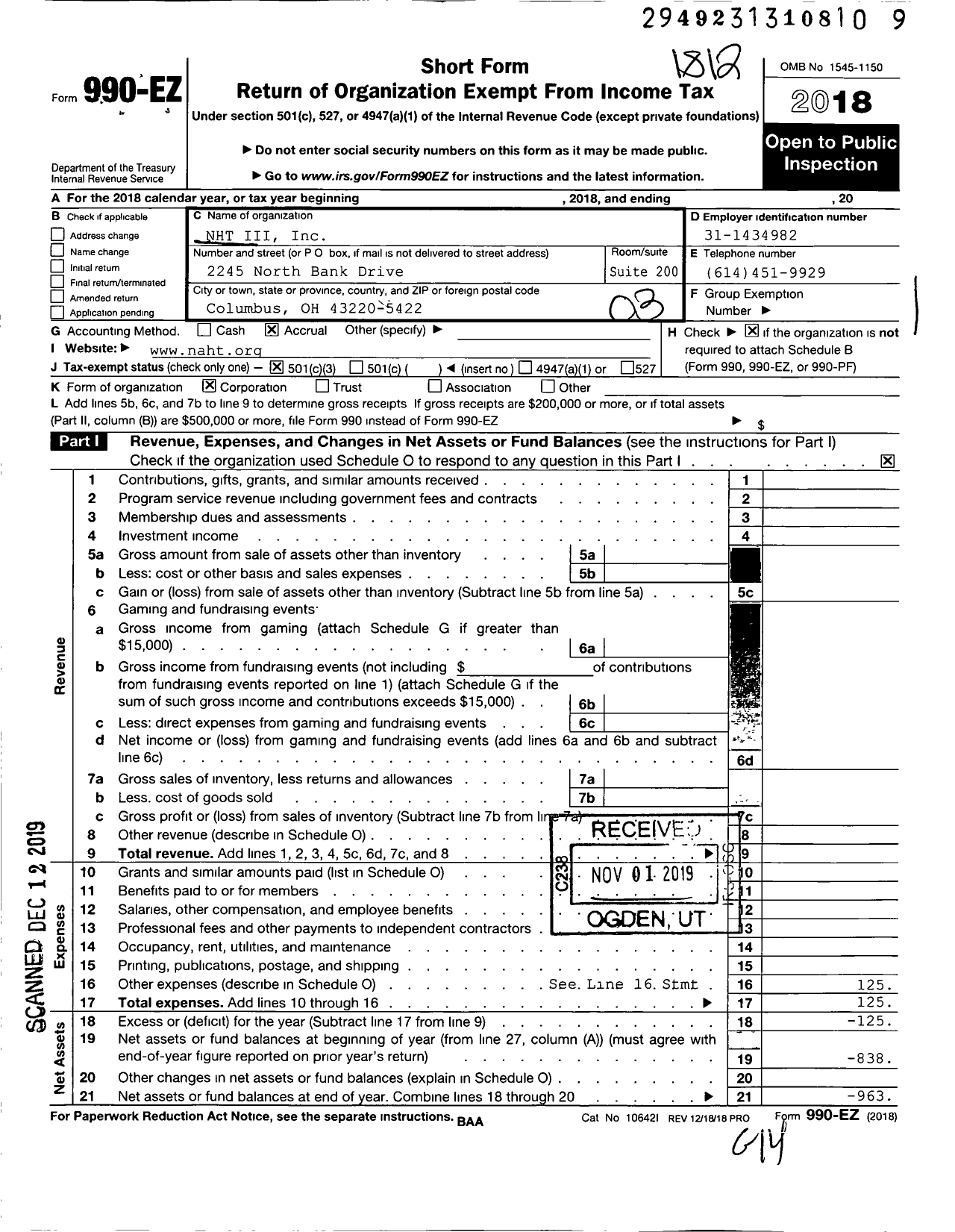 Image of first page of 2018 Form 990EZ for NHT Iii