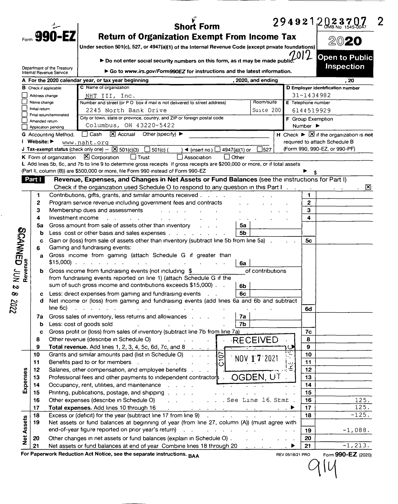 Image of first page of 2020 Form 990EZ for NHT Iii