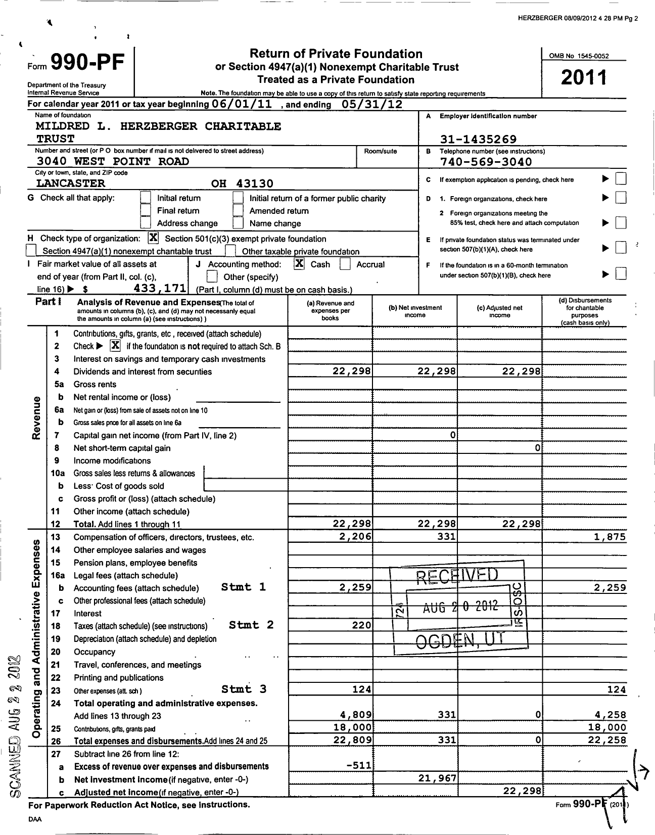 Image of first page of 2011 Form 990PF for Mildred L Herzberger Charitable Trust