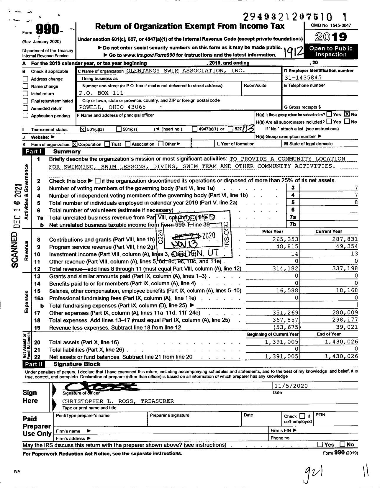 Image of first page of 2019 Form 990 for Olentangy Swim Association