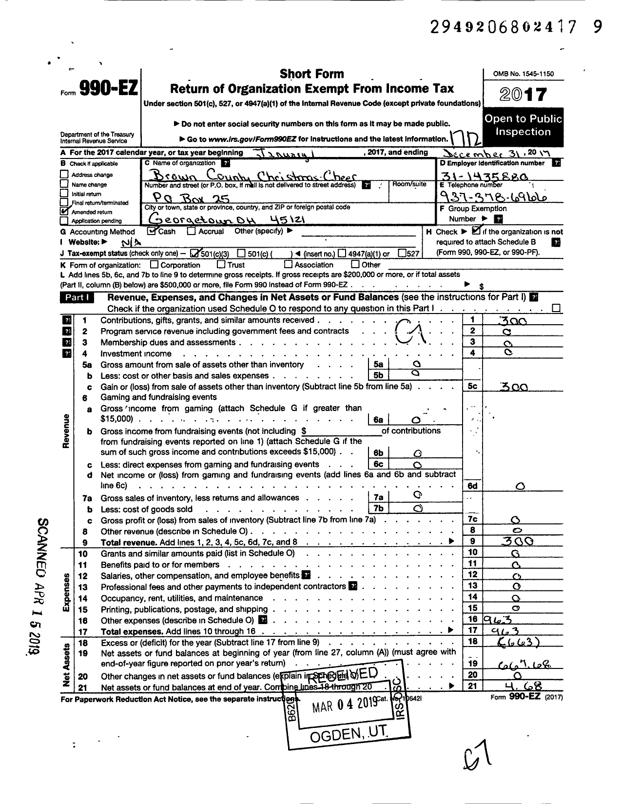 Image of first page of 2017 Form 990EZ for Brown County Christmas Cheer