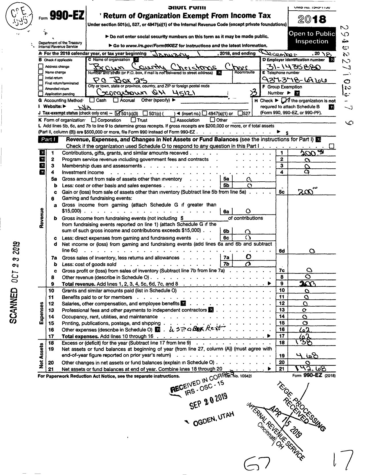 Image of first page of 2018 Form 990EZ for Brown County Christmas Cheer