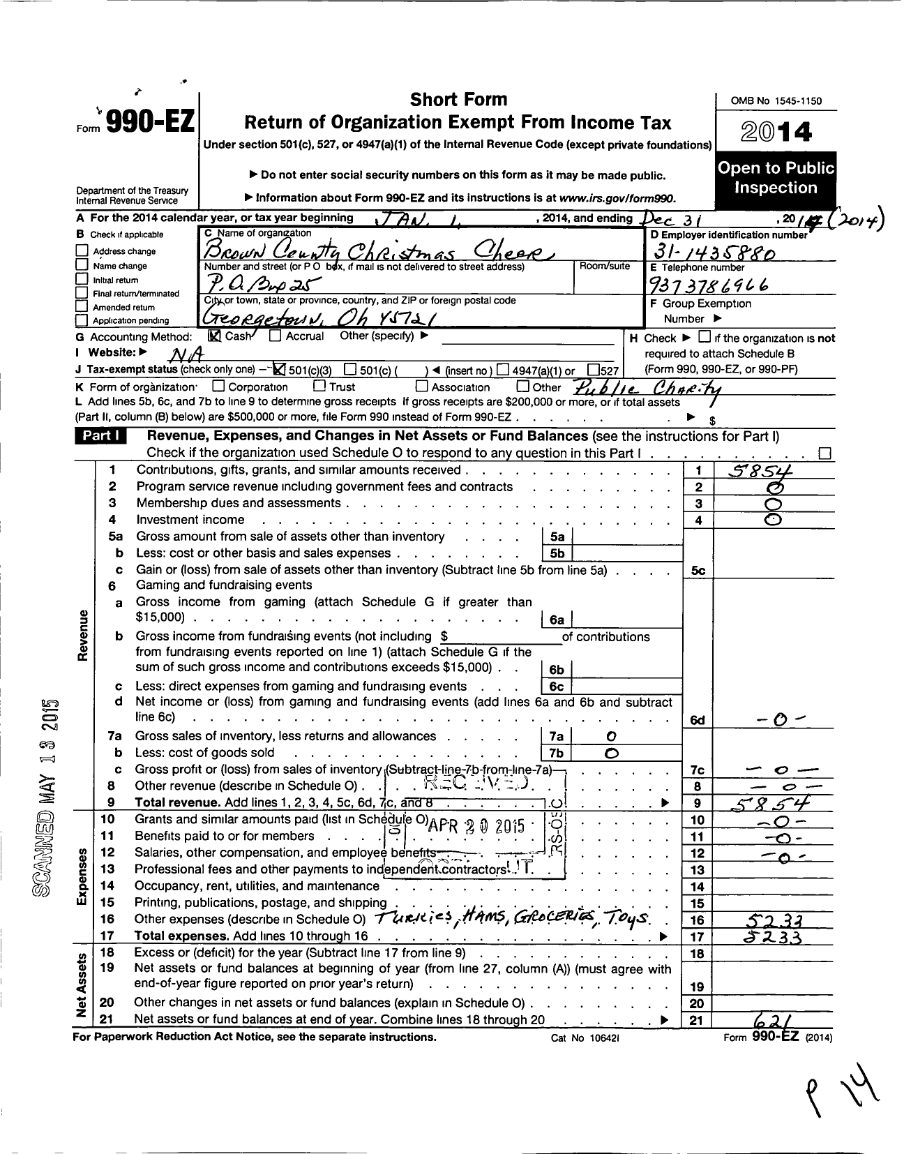 Image of first page of 2014 Form 990EZ for Brown County Christmas Cheer