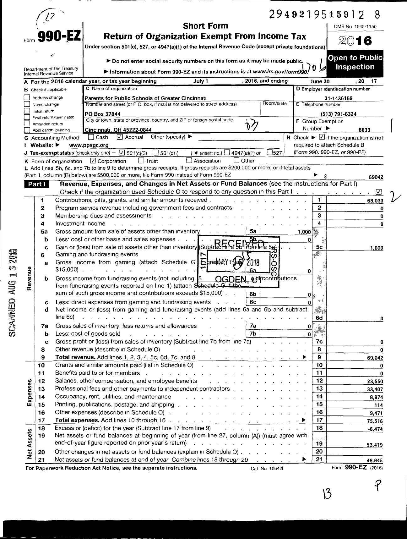 Image of first page of 2016 Form 990EZ for Parents For Public Schools of Greater Cincinnati