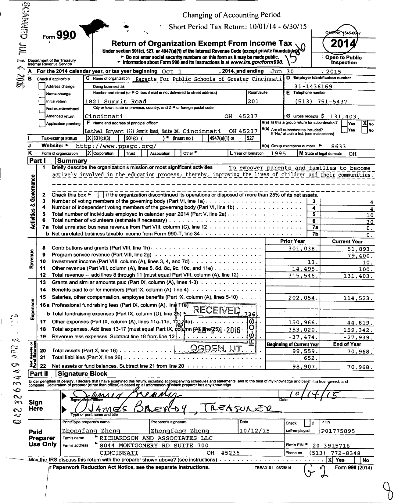 Image of first page of 2014 Form 990 for Parents For Public Schools of Greater Cincinnati