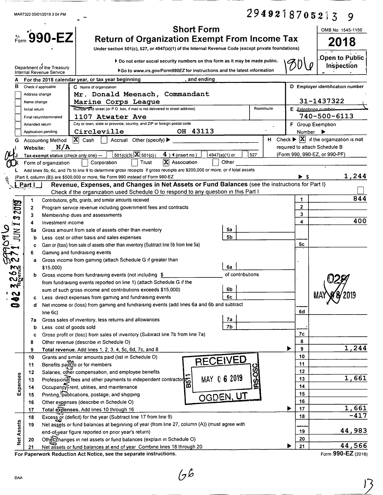 Image of first page of 2017 Form 990EO for Marine Corps League - 830 Leatherneck Detachment MCL