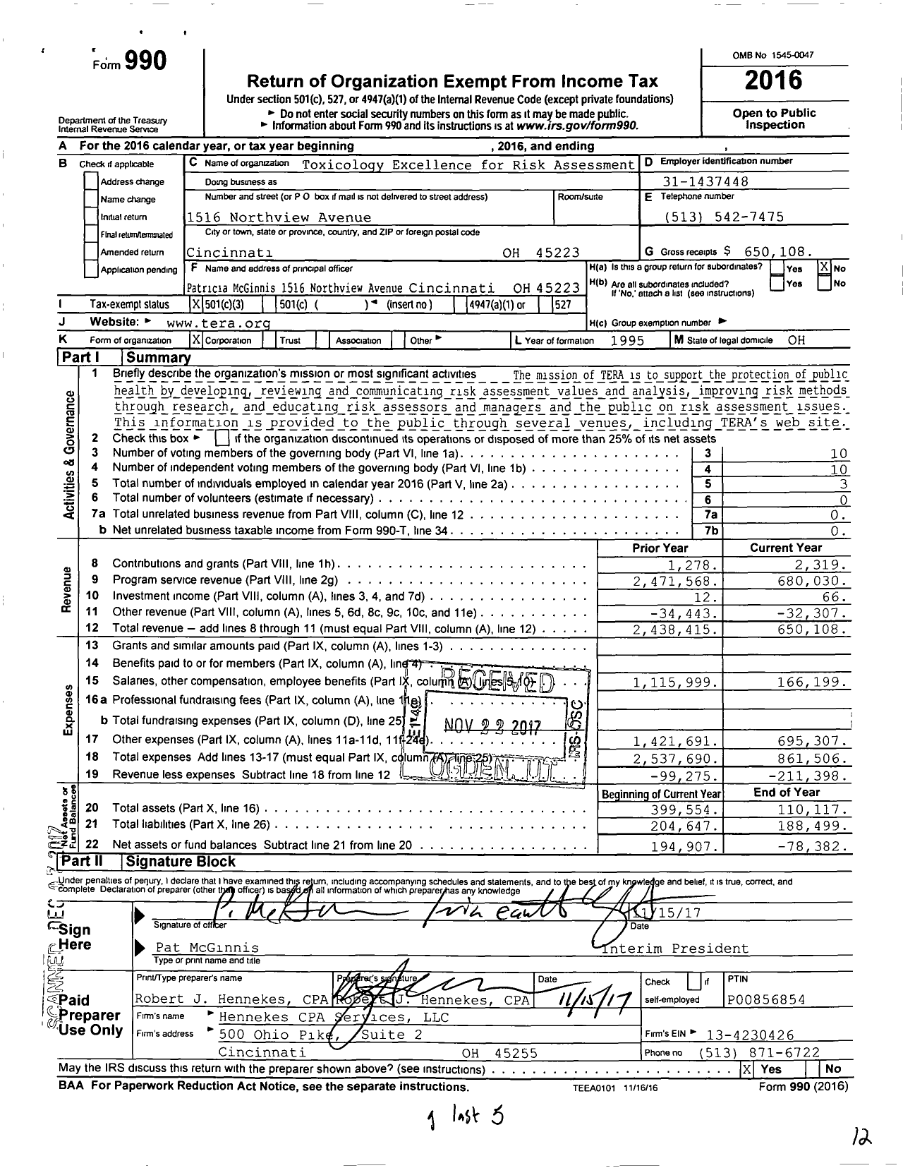 Image of first page of 2016 Form 990 for Toxicology Excellence for Risk Assessment (TERA)