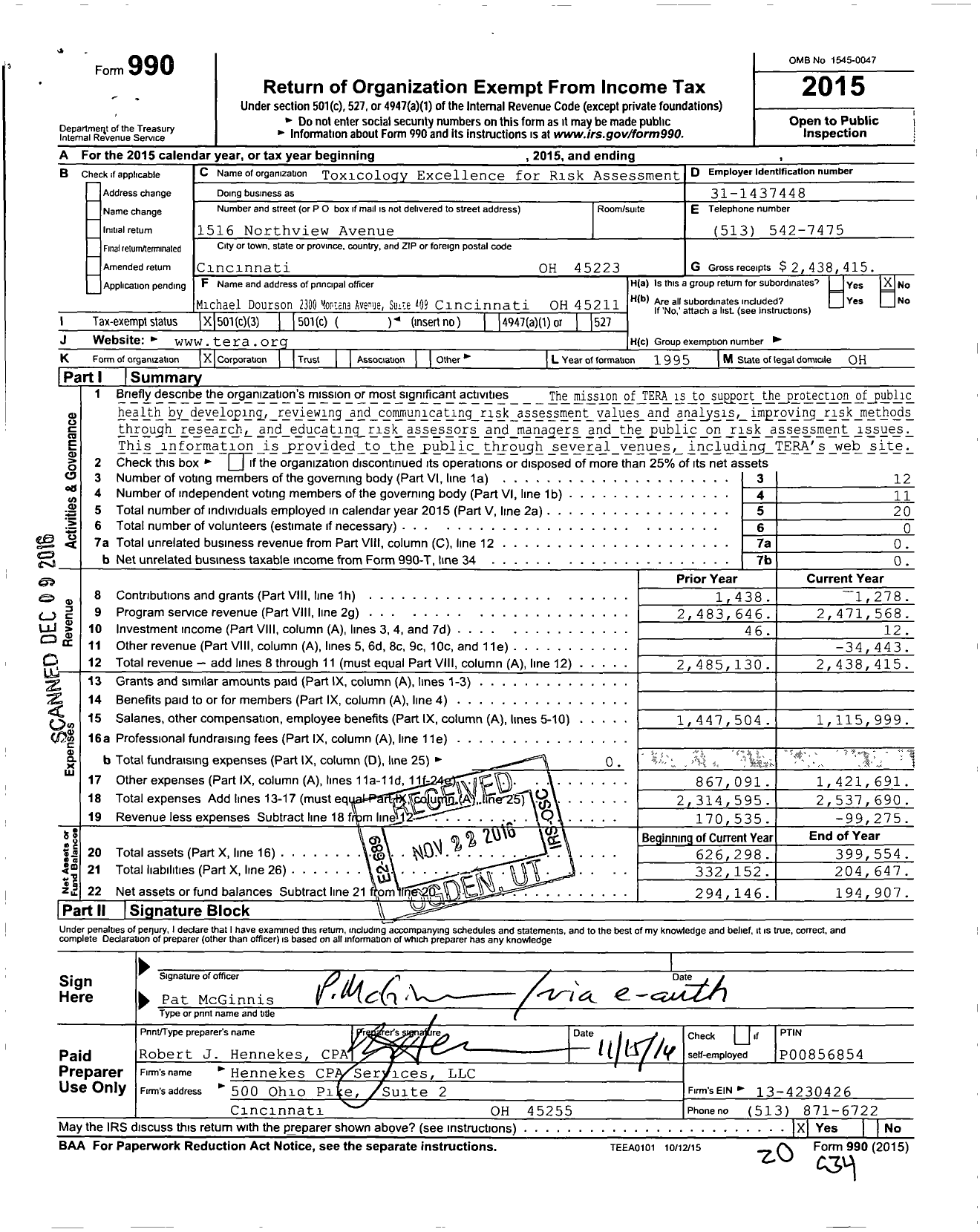 Image of first page of 2015 Form 990 for Toxicology Excellence for Risk Assessment (TERA)