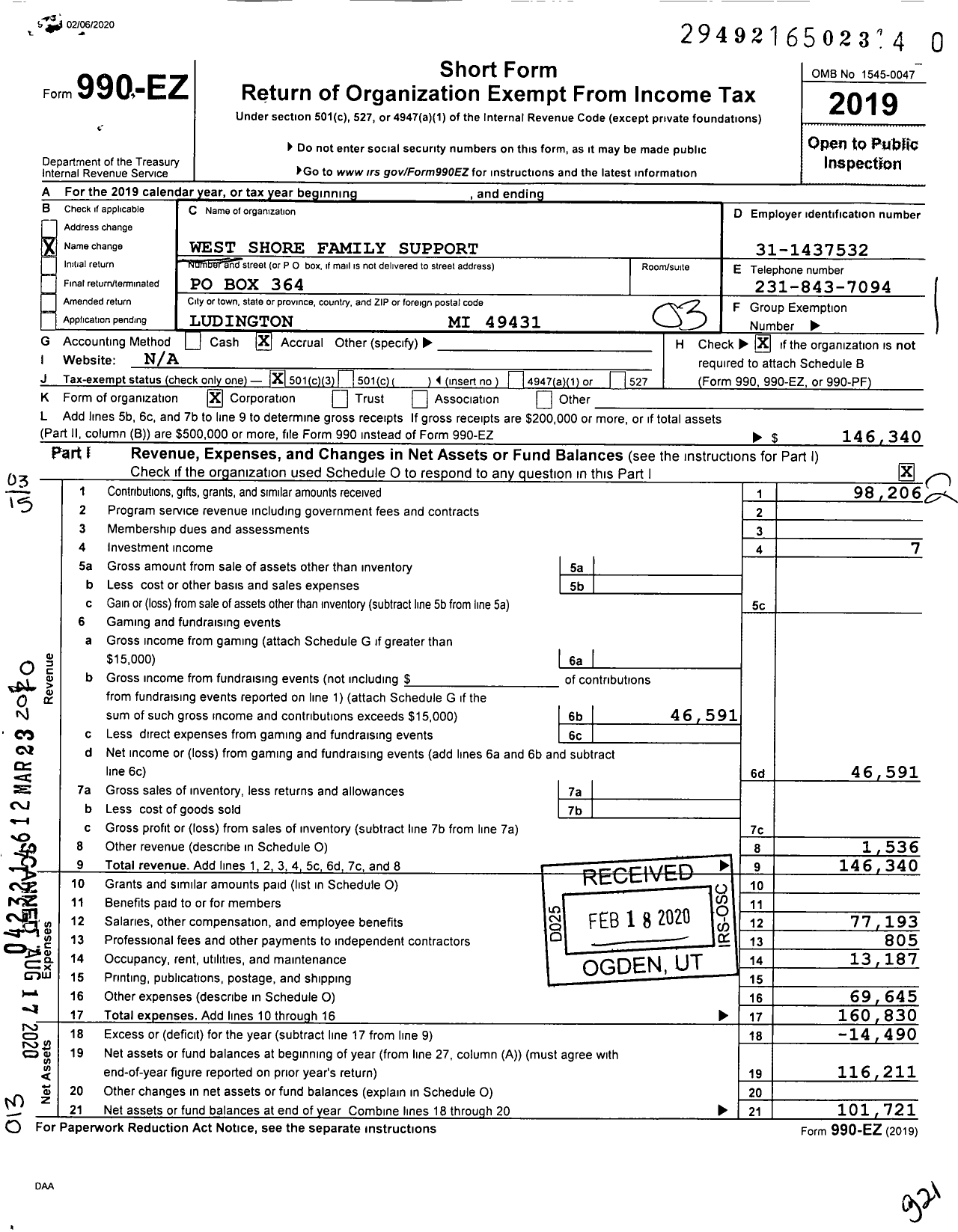 Image of first page of 2019 Form 990EZ for West Shore Family Support