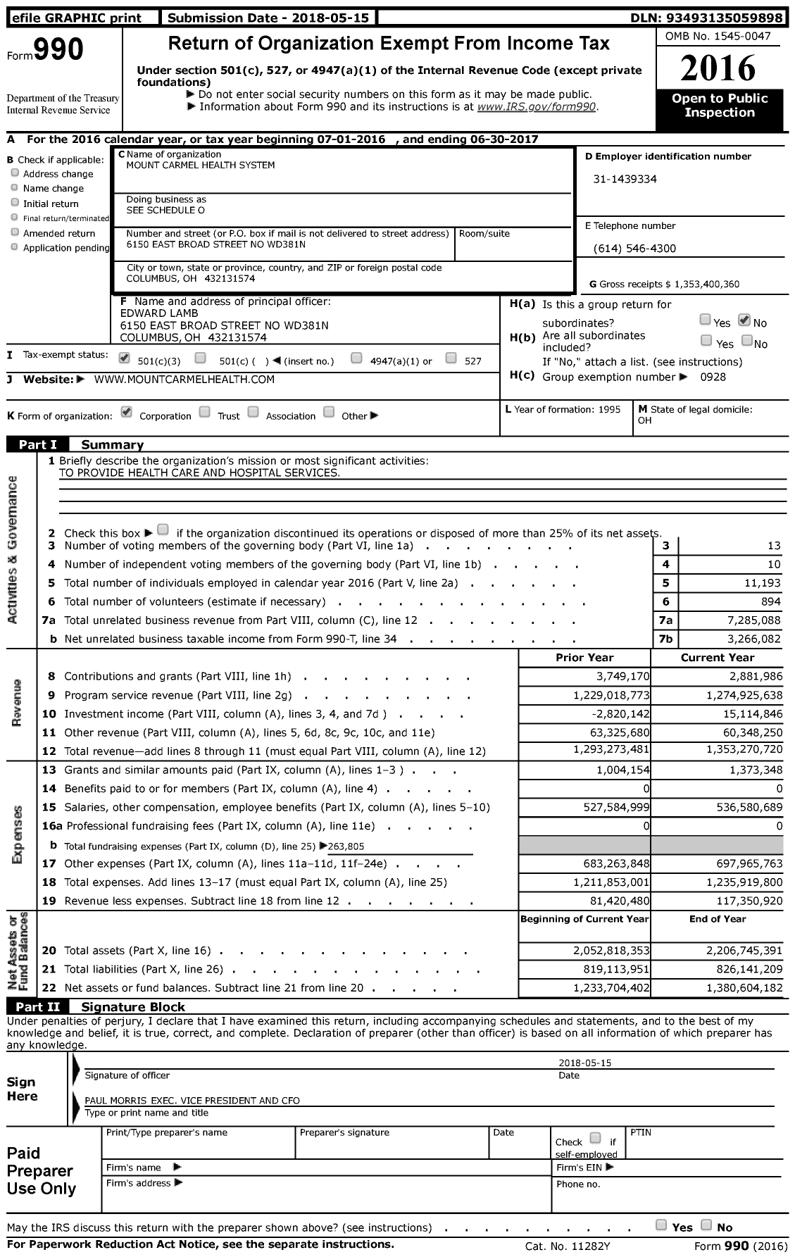 Image of first page of 2016 Form 990 for Mount Carmel Health System