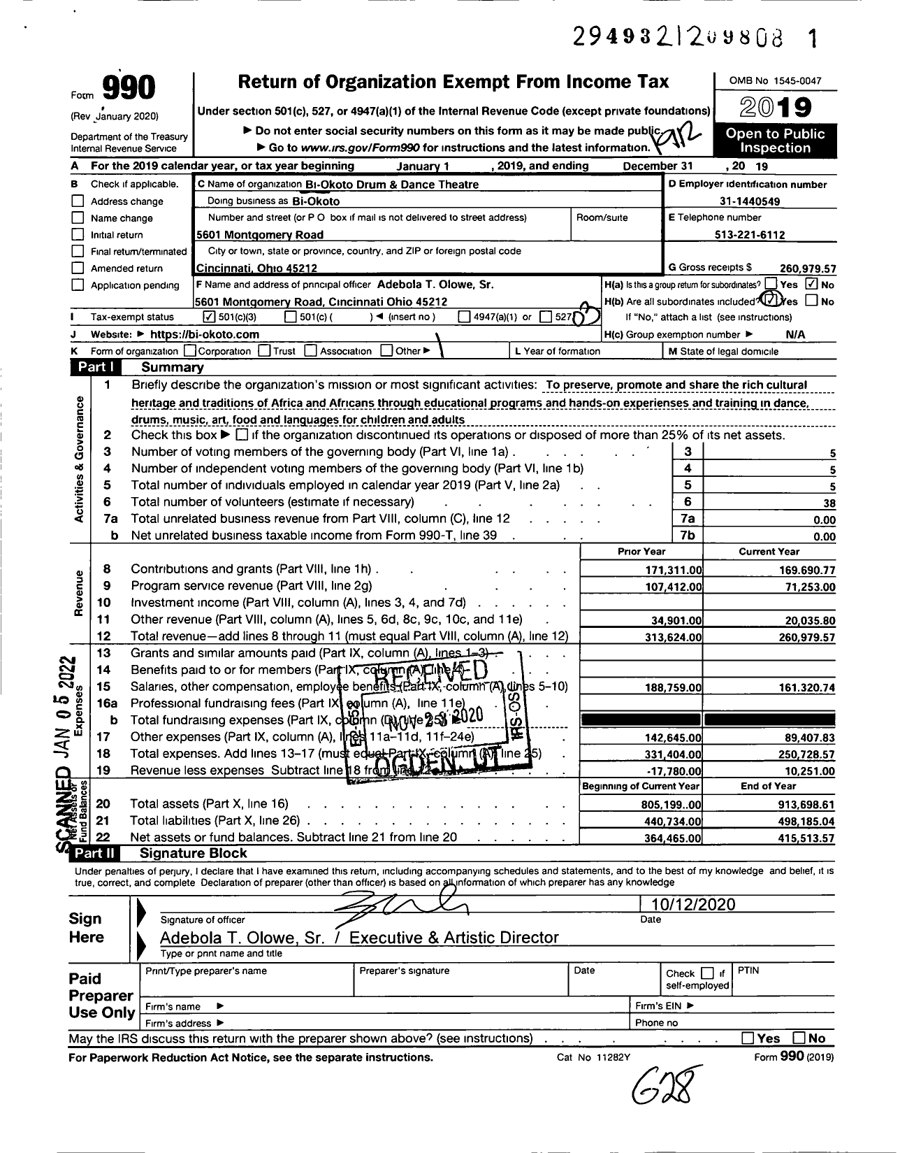 Image of first page of 2019 Form 990 for Bi-Okoto Drum & Dance Theatre