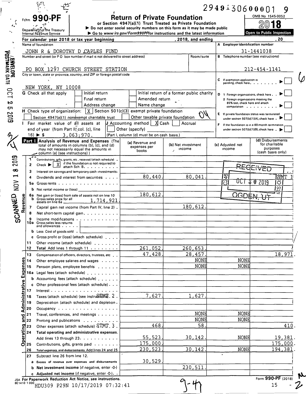 Image of first page of 2018 Form 990PF for John R and Dorothy D Caples Fund