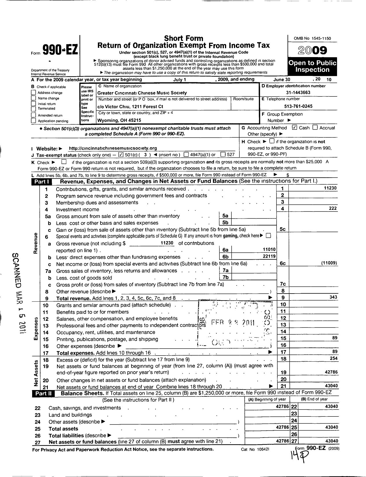 Image of first page of 2009 Form 990EZ for Greater Cincinnati Chinese Music Society