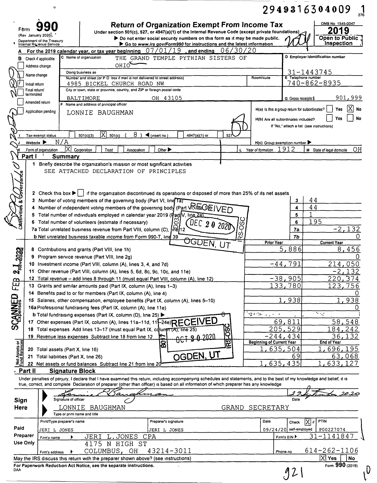 Image of first page of 2019 Form 990O for The Grand Temple Pythian Sisters of Ohio