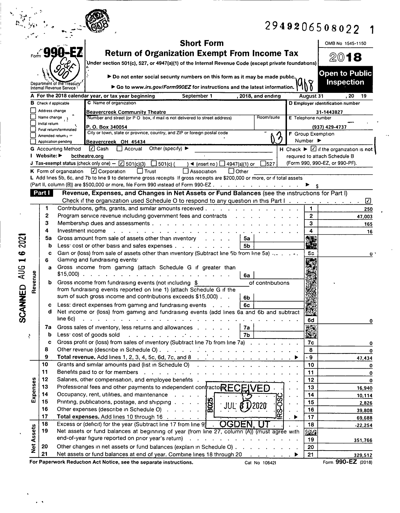 Image of first page of 2018 Form 990EZ for Beavercreek Community Theater