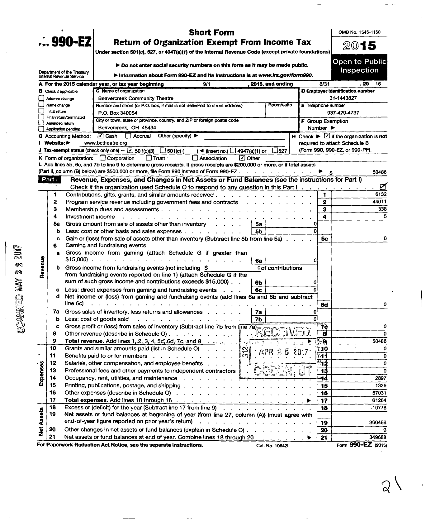 Image of first page of 2015 Form 990EZ for Beavercreek Community Theater