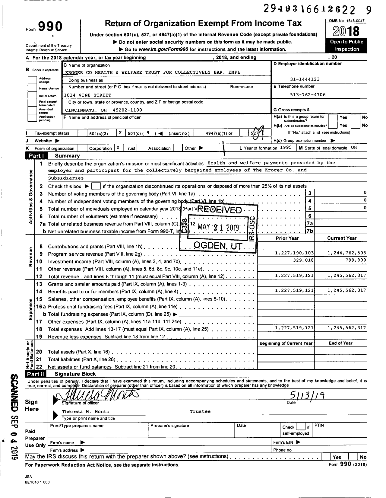 Image of first page of 2018 Form 990O for Kroger Health and Welfare Trust for Collectively Bar Empl