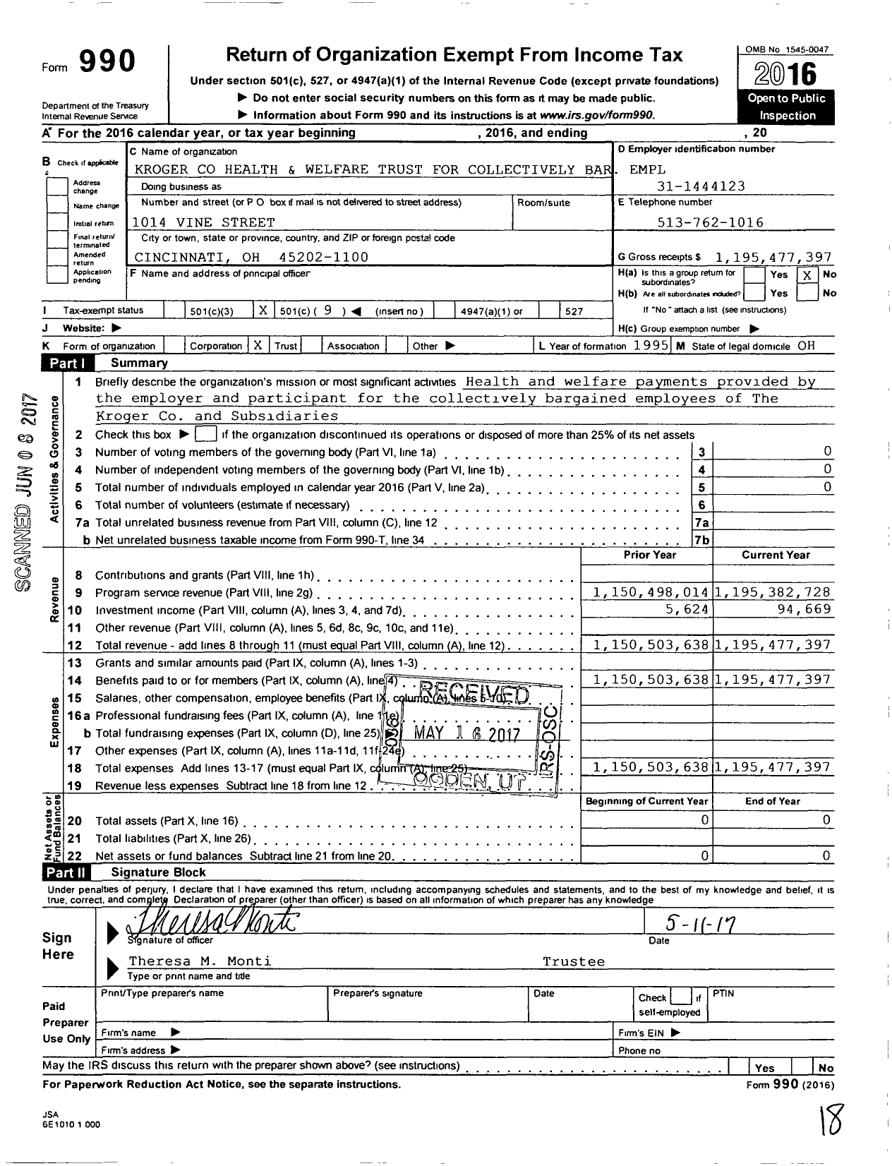 Image of first page of 2016 Form 990O for Kroger Health and Welfare Trust for Collectively Bar Empl