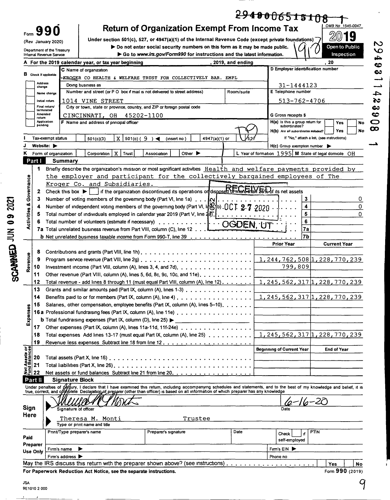 Image of first page of 2019 Form 990O for Kroger Health and Welfare Trust for Collectively Bar Empl