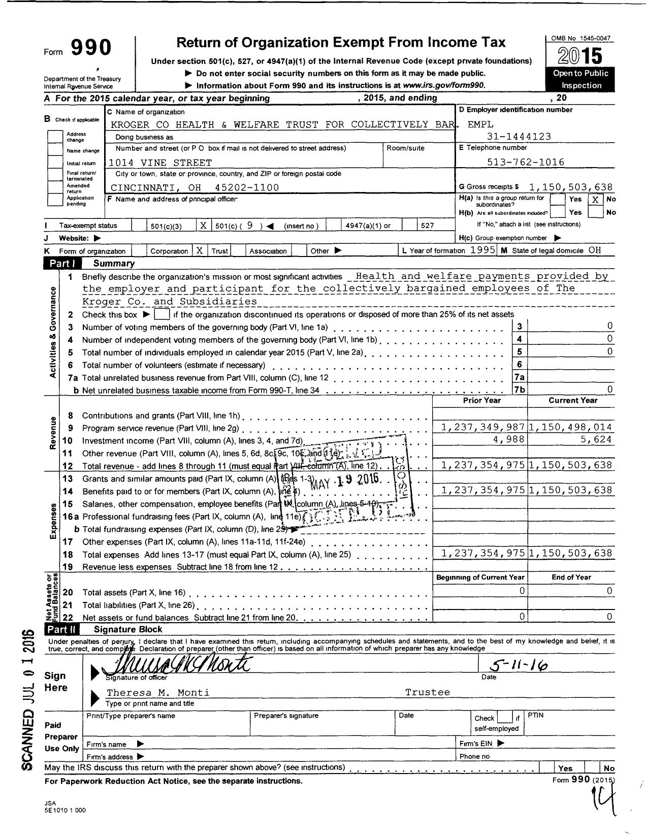 Image of first page of 2015 Form 990O for Kroger Health and Welfare Trust for Collectively Bar Empl