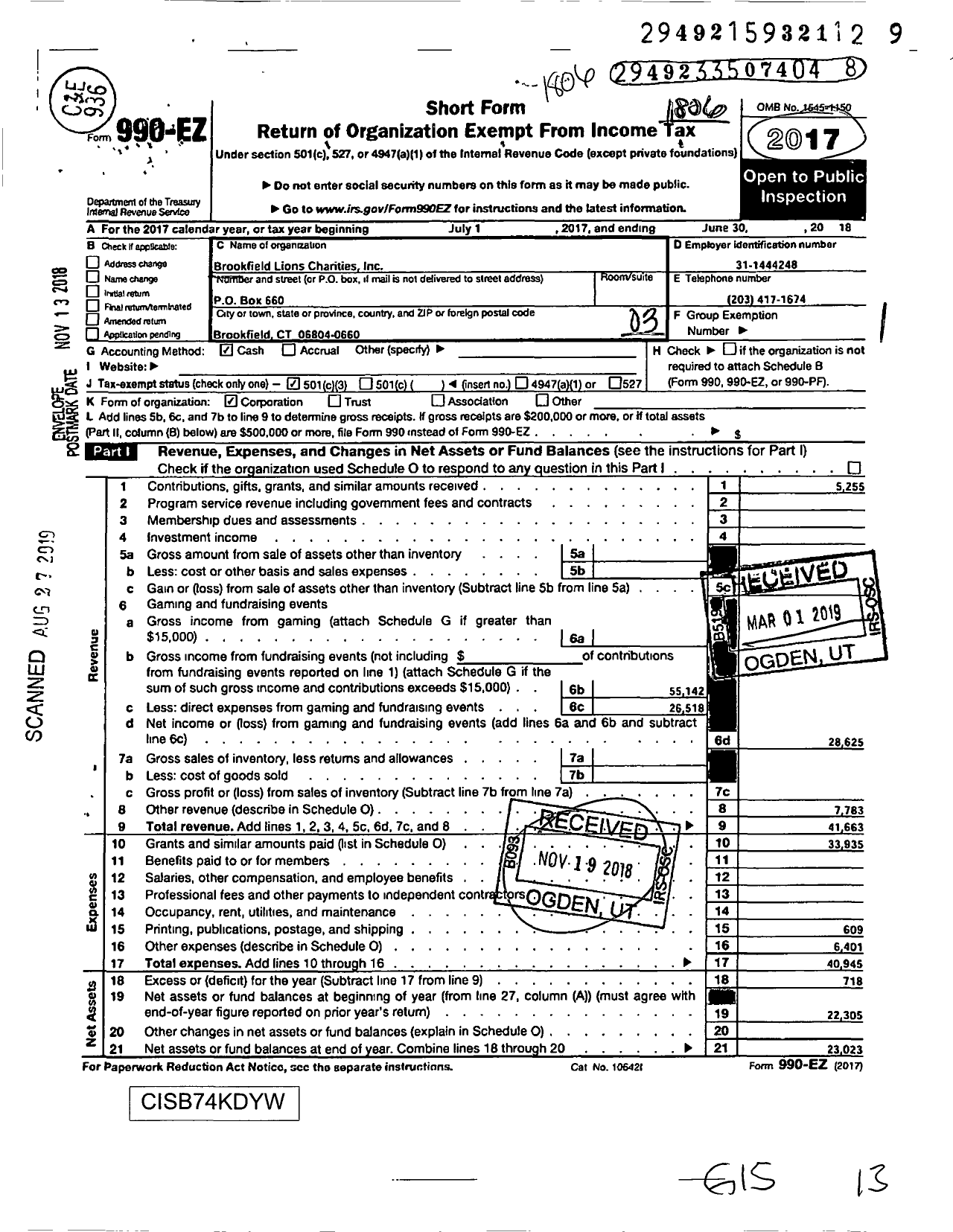 Image of first page of 2017 Form 990EZ for Brookfield Lions Charities