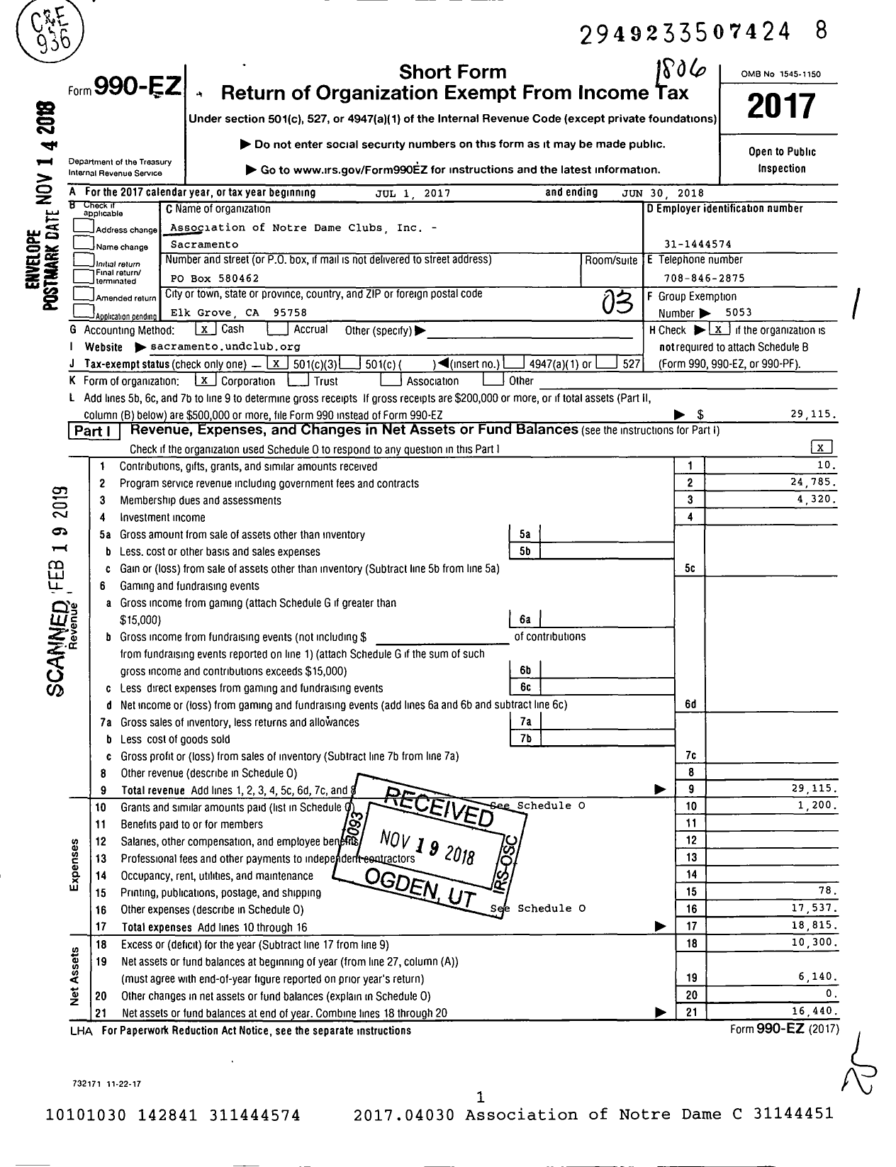 Image of first page of 2017 Form 990EZ for Association of Notre Dame Clubs Inc - Sacramento