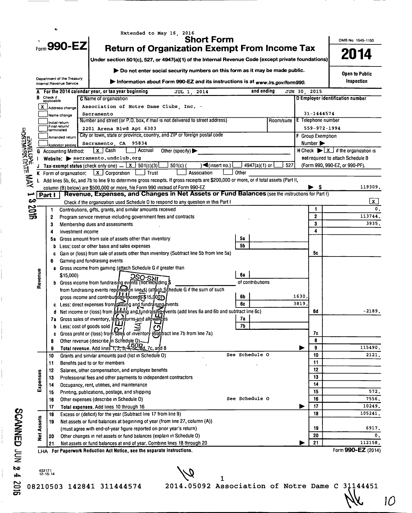 Image of first page of 2014 Form 990EZ for Association of Notre Dame Clubs Inc - Sacramento