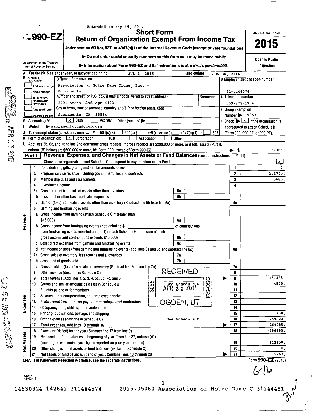 Image of first page of 2015 Form 990EZ for Association of Notre Dame Clubs Inc - Sacramento